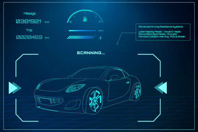 Imagen de escaneado de diferentes parámetros de un vehículo como los kilómetros, combustible, etc.